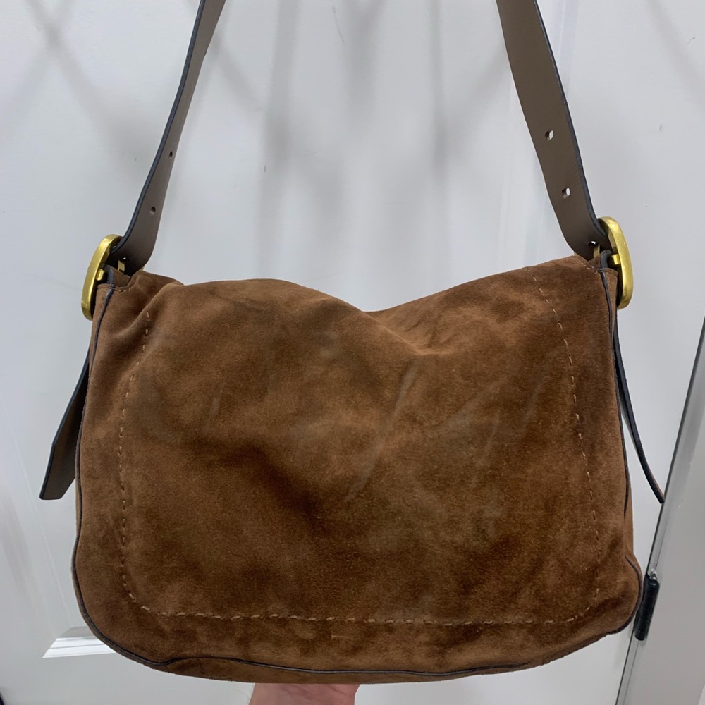 Tory Burch Sawyer Needlepoint Suede Shoulder Bag Brown Multicolored Florals - Picture 10 of 15